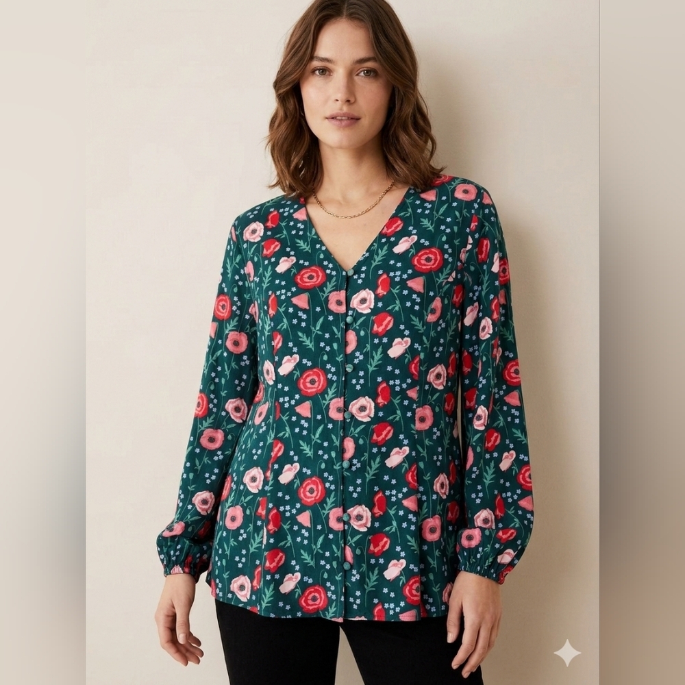 Matilda Jane Green Floral Button-Down V-Neck Blouse - Long Sleeve Top